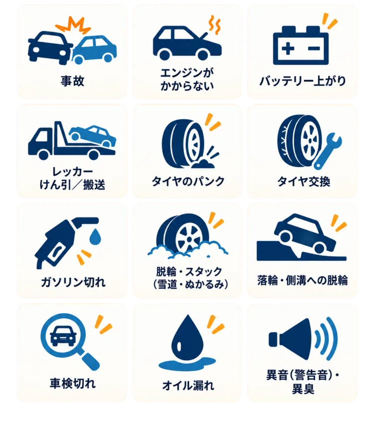 事故、エンジンがかからない、バッテリー上がり、レッカーけん引／搬送、タイヤのパンク、タイヤ交換、ガソリン切れ、脱輪・スタック（雪道・ぬかるみ）、落輪・側溝への脱輪、車検切れ、オイル漏れ、異音（警告音）・異臭